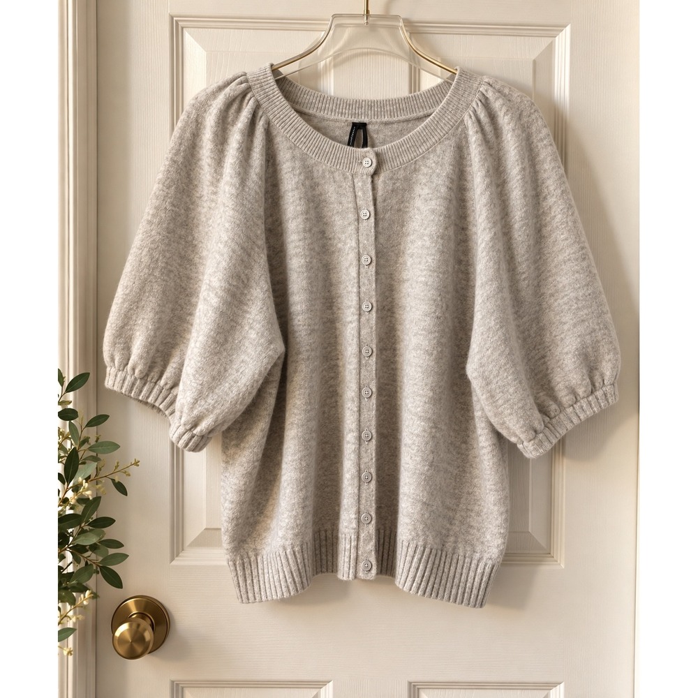 Anthropologie The Cashmere Collection Gray Wool Blend Puff Sleeve Cardigan XL